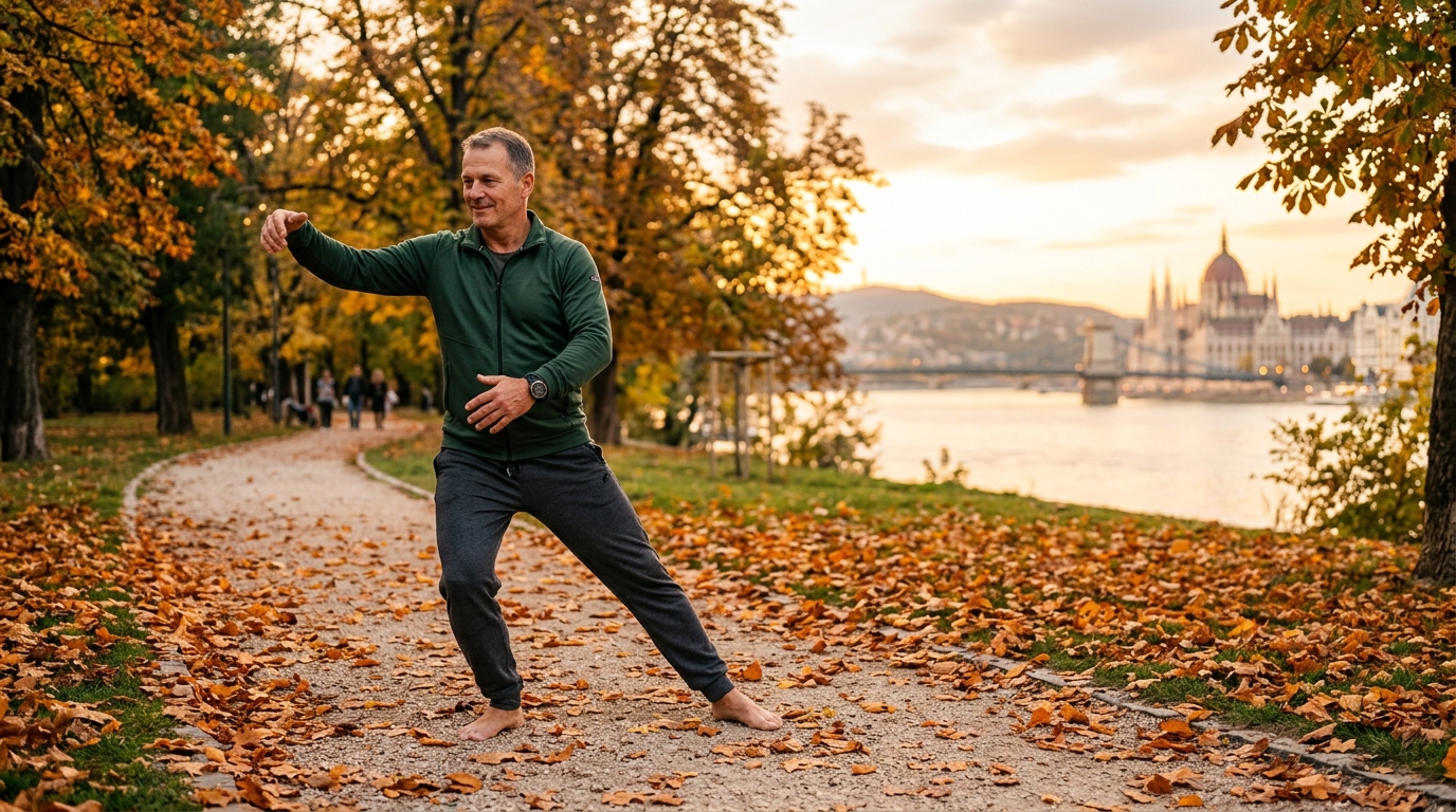Tai chi gyakorlat a parkban, arany óra